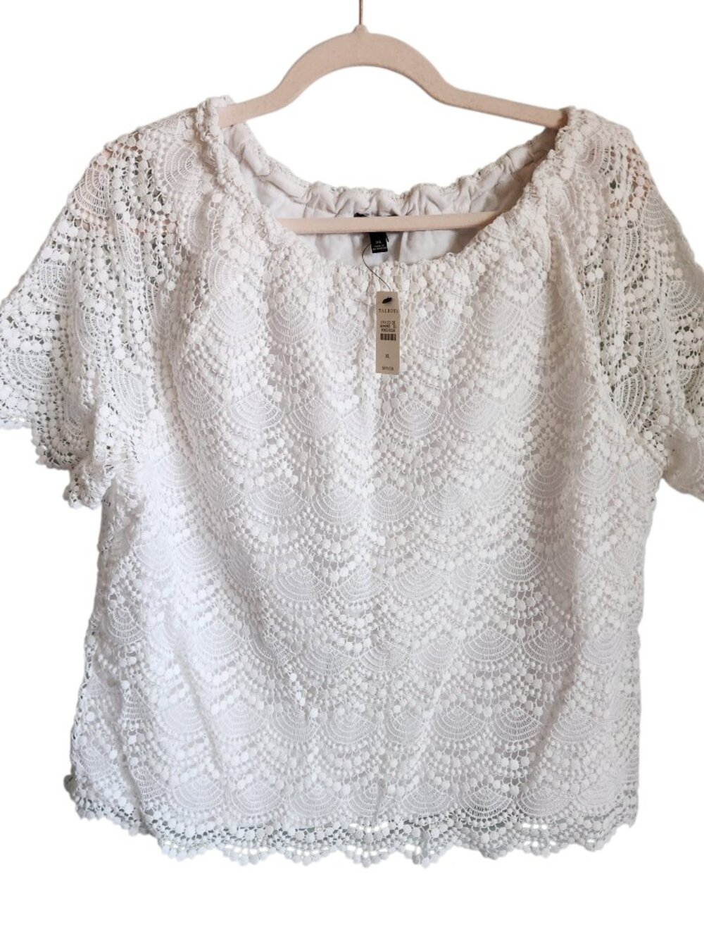 Talbots Shirt XL White Women's Lace Overlay Blouse Top Scoop Neck NEW